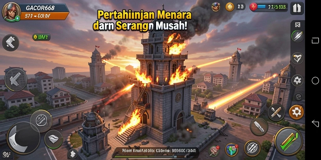 Tampilan gameplay menegangkan di GACOR668 dengan menara dan musuh yang beragam.