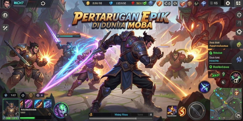 Gameplay RICH7 dengan aksi seru di arena pertarungan MOBA.