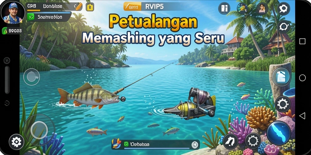 Tampilan gameplay RVIP5 yang menakjubkan dengan berbagai ikan yang berwarna-warni.