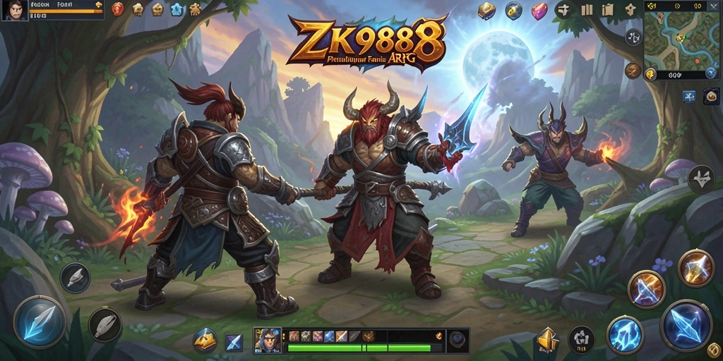 Screenshot gameplay ZK988 menampilkan pertarungan epik di dunia fantasi.